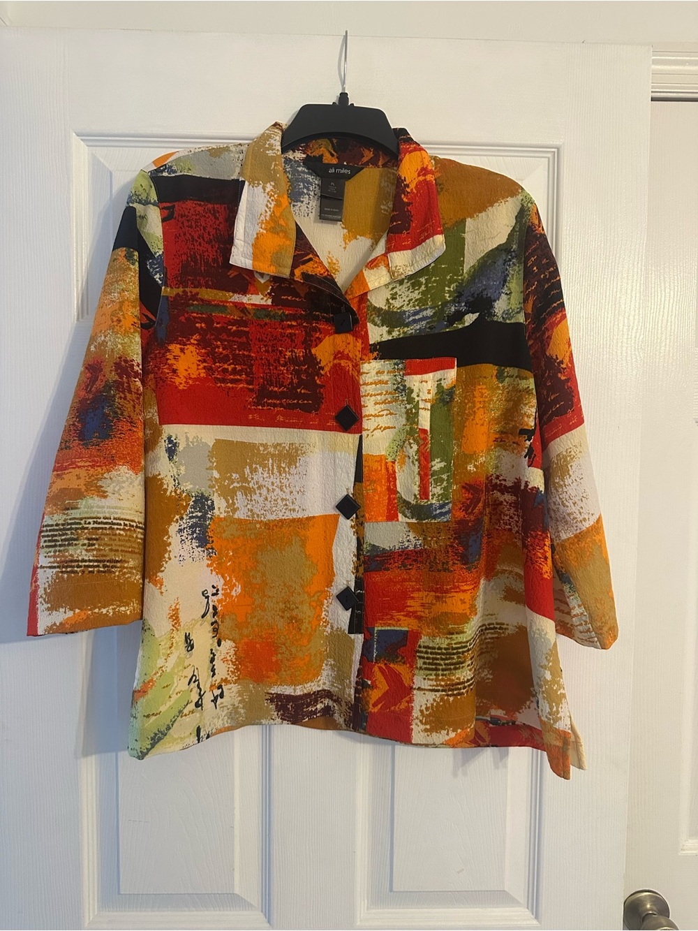 Ali Miles Abstract Patchwork Button-Front Jacket in Orange, Red, Green and Cream
